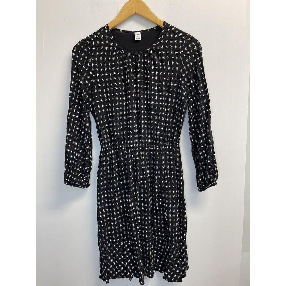 OLD NAVY Women's XS Black/White Dress Long Sleeve Keyhole Neckline Elastic Waist